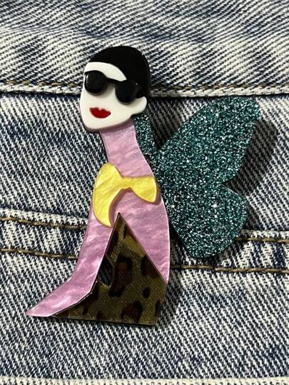 1pc Cartoon Girl With Funnel Ear Decoration Acrylic Brooch, Handmade Collage Fashion Accessory Pin, Suitable For Vacation Style, Can Be Worn All Seasons Backpack For School