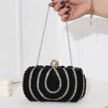 Bolso de noche de mujer decorado con perlas vintage, bolso de mano elegante hecho a mano con bordados de cuentas y brillantes, bolso de fiesta con asa para el hombro - Negro - Ver 3