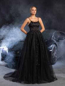 Faeriesty 超细肩带婚纱，及地长裙，后背系带设计，花卉面料，蓬松薄纱裙摆，适合春夏婚礼 - 黑色 - 查看 6