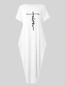 ChicMe Women Maxi Dress Letter Print Sleeveless Casual Loose Fit Shoulder Strap Long Dress Loose Fit With Pocket Casual Daily Wear - White - View 4