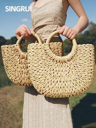 1 handgemaakte geweven tas, handtas van stro, zomer- en strandtas, handgemaakte geweven tas, geschikt voor reizen met vrouwen