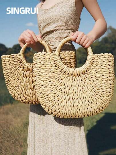 1pc Handmade Woven Tote Bag, Straw Woven Handbag Summer Beach Bag, Handcraft Woven Tote, Suitable For Women Travel