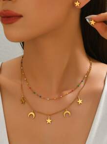 Set de 3 piezas de joyería con collar y aretes con forma de estrella y luna esmaltada, de acero inoxidable, estilo bohemio, adecuado para vacaciones, fiesta y eventos