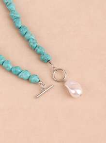 1pc Asymmetrical Turquoise & Faux Pearl Pendant Necklace For Women, Handmade Beaded Necklace With Varying Turquoise Patterns, Suitable For Everyday Wear