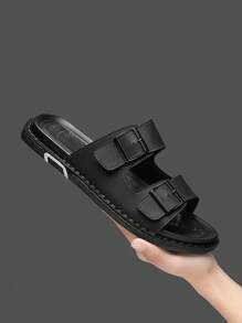 Sandales de style arabe classique pour hommes, tongs noires respirantes, chaussures de plage décontracté, open toe, tige de qualité supérieure, semelle épaisse, impression de lettres, antidérapant, imperméable, convient aux personnes d'âge moyen et âgées, pour l'intérieur et l'extérieur, la conduite, les voyages, l'usage quotidien