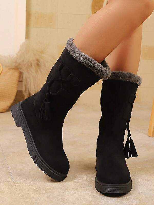 Damen Wadenhoch Schneestiefel, thermisch gefüttert mit dicker Sohle, Kunstfell Einteiliger Design, Seitlicher Reißverschluss zum leichten An- und Ausziehen, schwarze Quaste vielseitig einsetzbar, warm & bequem, geeignet für den täglichen Gebrauch/Regen & Schnee, in Große Größen erhältlich, Preppy Stil