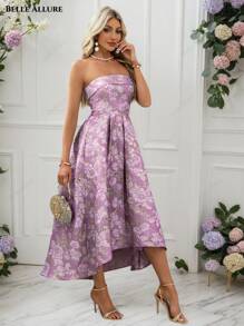 Rochie de seară elegantă, fără bretele, luxoasă, din material jacquard floral auriu, potrivită pentru ocazii formale, nunți, absolviri, gale