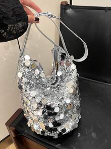 Fashionable Shiny Shoulder Bag, Personalized Sequin Large Tote For Shopping, Stylish Work Commuting Backpack - Silver - View 6