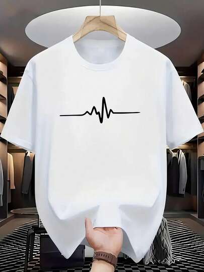 Plus Size Men's Casual Summer EKG Graphic Print Round Neck Short Sleeve T-Shirt