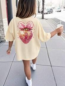 1 pieza Camiseta de manga corta y cuello redondo informal con estampado para niñas adolescentes, estampados de personajes de moda coloridos que inspiran la imaginación y la autoexpresión, ropa de estudiante de verano