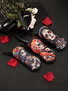 1pc Sugar Horror Skull And Flowers Print Multifunctional Storage Bag Travel Lightweight Portable Zipper Eyeglasses Pouch Soft Spacious Glasses Case For Unisex Eyeglass Frames - Multicolor - View 3