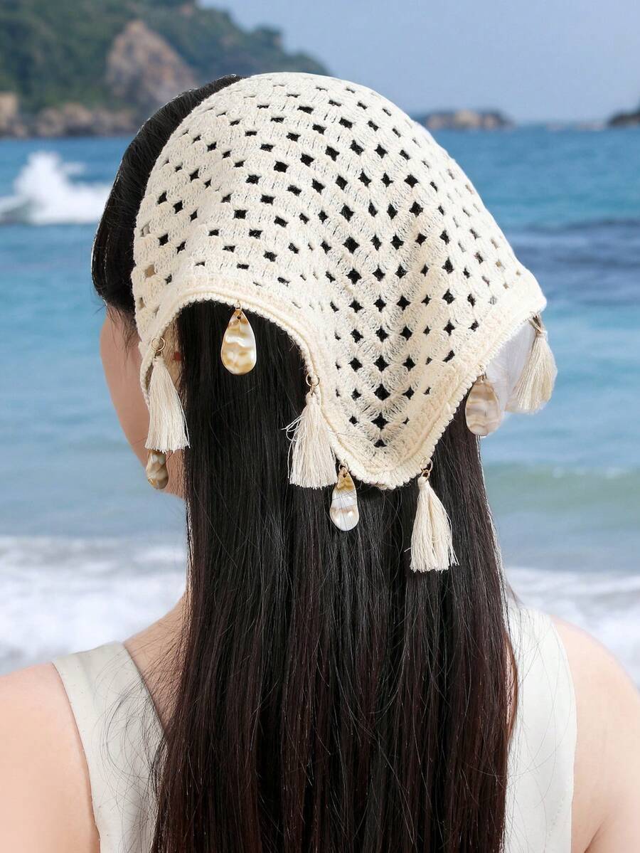 1 件女式头巾奶油色海洋贝壳流苏针织镂空蕾丝头带，波西米亚风格适合日常佩戴、运动、海滩度假发饰钩针头巾时尚头巾休闲发带，头巾秋冬 - 米色 - 查看 1