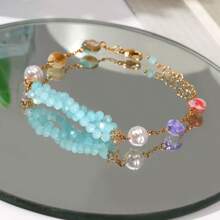 1 pieza Nuevo brazalete asimétrico de piedra natural, brazalete de cadena de cereza y vidrio para mujeres