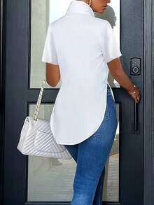 Fashion Me Solid Color Arched Hem Straight Fit Short Sleeve Shirt Collar Blouse, Polyester Fiber Material, White Casual Shirt, Minimalist Versatile Elegant Daily Commute Style, Spring/Summer, Valentine's Day - White - View 2