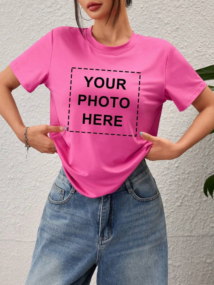 Customizable Cream Yellow Personalized Women's T-Shirt - Add Your Own Photo/Text (Family Photo/Selfie/Slogan/Journal), Design Your Own Custom Printed T-Shirt, Fashionable, Hip-Hop, Unique Women's Clothing, Can Be Given As A Gift To Your Girlfriend, Family, Friends, Children, Unleash Your Design Creativity. - Hot Pink - View 1