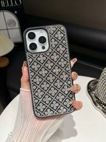 1pc Black Rhombus Studded Phone Case, Oil Painting Texture Anti-Drop Bling Phone Cover Suitable For IPhone 16 Pro Max/13/14 Pro/15 Plus