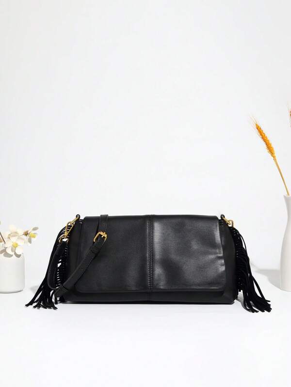 Bolso de hombro único con flecos, modelo 2025 con cremallera y tapa, bolso de mujer con correa ajustable, suave negro, bolso de moda para mujer