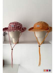 1 件女士多巴胺对比条纹宽边渔夫帽，户外徒步露营钓鱼防晒帽，轻质亚麻夏季渔夫帽 - 斜條紋撞色掛繩 - 查看 1