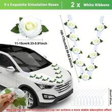 1 Stück elegante weiße/rote/rosa Rosen, 9 Rosen mit Saugnäpfen, 12 Bändchen und 2 Bänder 62.99-Inch lang, geeignet für Hochzeitautos - Blumen Türgriff Quasten Bänder, Braut-Auto Dekoration, romantisches Auto Zubehör, Hochzeitsaccessoires, Hochzeitsauto Deko, Festdekoration, multifunktionale hängende Kunstblumen Wand