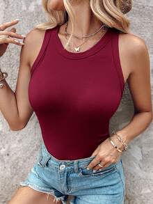 ChicMe 女士罗纹圆领针织无袖吊带背心，基础款修身休闲上衣 - 酒紅 - 查看 3