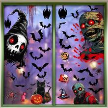 2 pièces Stickers fantôme d'horreur d'Halloween, zombie, chauve-souris pour décoration de fenêtre en verre, stickers de décoration pour fête hantée d'Halloween