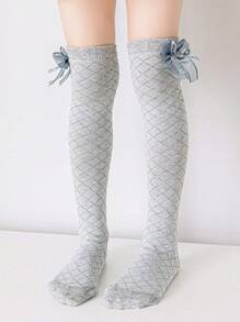 1 Pair Kids All Season Patterned Bow Decor Crew Length Socks