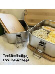 1pc Custom-Made Fashionable Stainless Steel Lunch Boxes With Lock Buttons, Engraved Names And Dates, Rectangular Sealed Boxes For Refrigerator Storage, Wooden LIDS, Engraved Names, Student Lunch Boxes, Personalized Lunch Boxes, Office Bento Boxes, Outdoor Leisure Storage Boxes, Multi-Functional - Silver - View 3