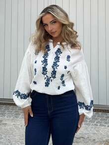 Jeta Ari 冬季女装，白色，轻松时尚必备，亚麻长袖刺绣衬衫，法式刺绣衬衫女士刺绣装饰长袖衬衫，波西米亚风格白衬衫，精致刺绣，奢华面料，透气性极佳，这款服装非常适合日常穿着、通勤、度假 - 白色 - 查看 5