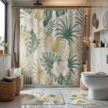 1/4 Stück Vintage Blumen & Blatt Badezimmer Set, beinhaltet Duschvorhang, Badematte, U-förmiger Toilettendeckel, wasserdicht, ohne Bohren, moderner Stil Duschvorhang, Polyester, maschinenwaschbar, Badezimmer Deko für den Schulanfang