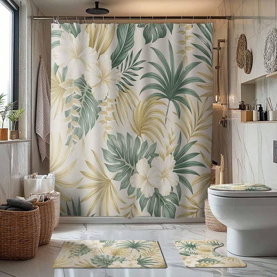 1/4 Stück Vintage Blumen & Blatt Badezimmer Set, beinhaltet Duschvorhang, Badematte, U-förmiger Toilettendeckel, wasserdicht, ohne Bohren, moderner Stil Duschvorhang, Polyester, maschinenwaschbar, Badezimmer Deko für den Schulanfang