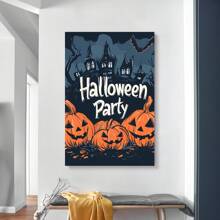 1 Piece,Cartoon Style, Pumpkin And Bat Dancing, "Halloween Party", Modern Frameless Art Decoration Painting, Printed Posters Mural, Waterproof Canvas,Suitable For Home, Office, Bedroom, Living Room, Study, Bathroom, Bar, Wall Arts And Home Decoration, Is An Ideal Holiday Gift Halloween Decor Fall Decor Room Decor