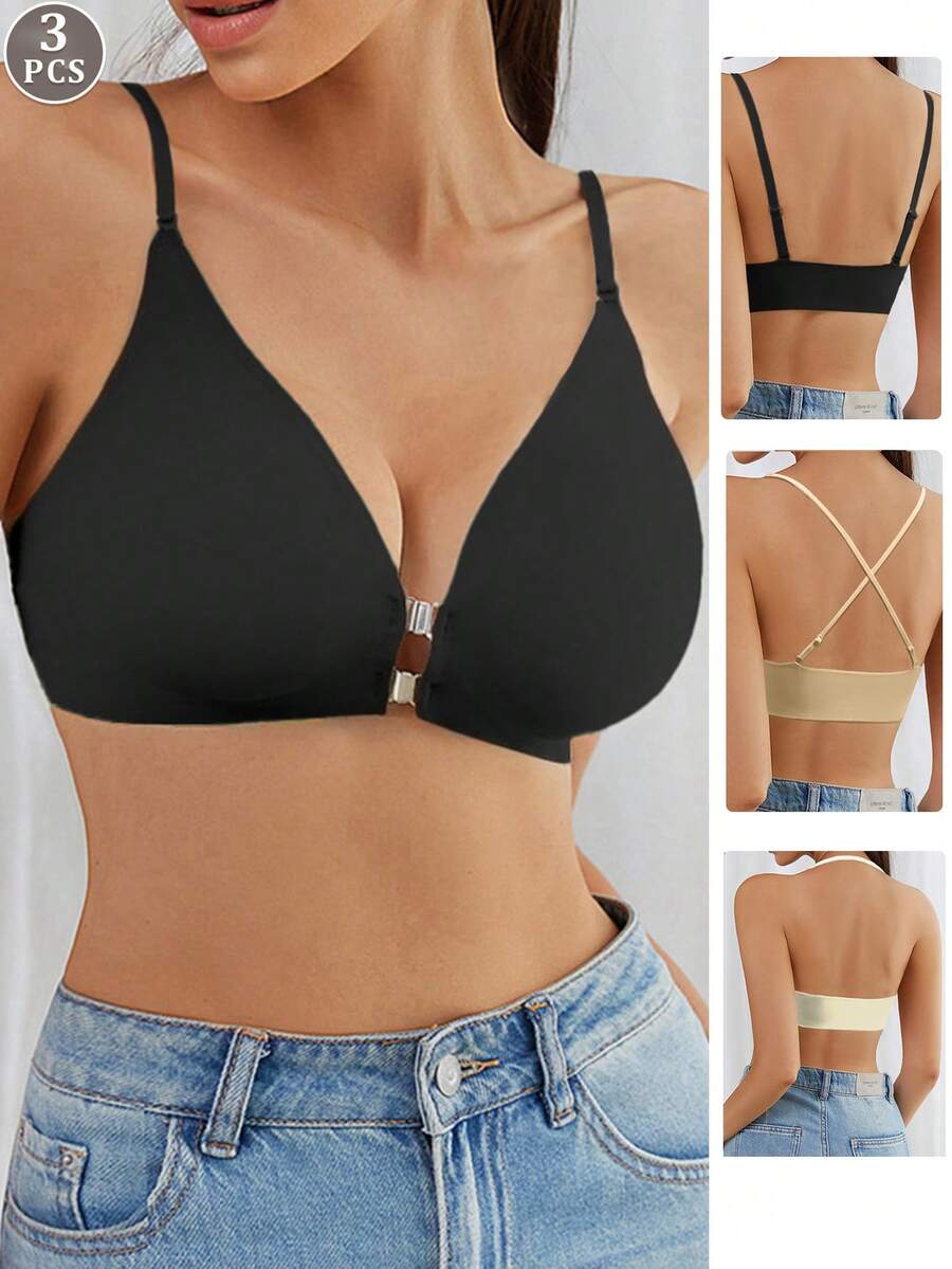 3pcs/Set Women Spaghetti Strap Underwire Bra With Front Closure, Cross Back Design And Seamless For Cleavage And Support, Large Bust