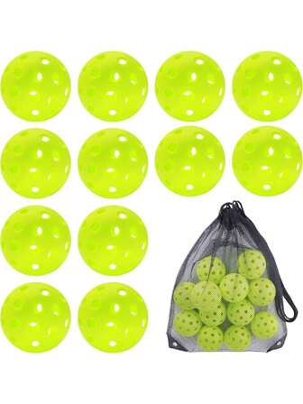 12pcs Pickleball Net Bag Packed USAPA Approved Outdoor Pickleball 40-Hole 74mm High Elastic Molded Pickleballs