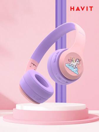 havit Barnhörlurar med delningsport, trådlösa barnhörlurar, 85dB hörselskyddande volym, hudvänliga over-ear-hörlurar med inbyggd mikrofon för iPad/surfplatta/flygplan, blå, 18 timmars speltid