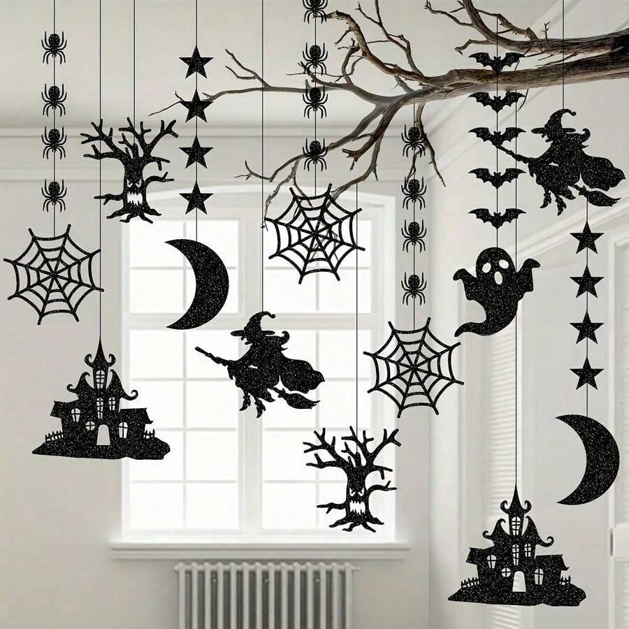 6pcs Gothic Halloween Decorations, Hanging Ornaments Halloween Witch Spider Ghost Bat Hanging Decor, Party Prop Halloween Gift