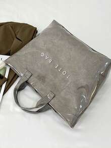 大容量时尚透明果冻包PVC防水购物袋，韩国中性风手提包，INS时尚复古休闲街头潮人手提包，日系休闲包，适合高中生大学生上学，健身/瑜伽/旅行包或妈咪包，字母印花极简明星风褶皱纹理高端品质多层纸质手提包 - 灰色 - 查看 8