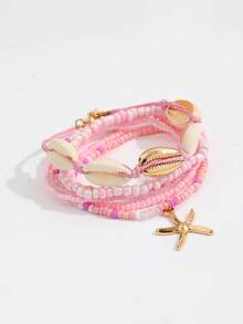 7 件套波西米亚贝壳和种子珠手链，配海星吊饰，混色，适合女士 - 粉色 - 查看 3