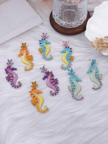 1pc Fashionable Elegant Ocean Holiday Style Geometric Rhinestone Inlaid Star & Seahorse Colored Symmetrical Dangle Earrings