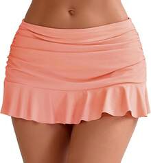 Halcurt Women's Low Waisted Ruched Ruffle Swim Skirts With Hipster Bikini Bottoms Tummy Control Swimsuit - Peach - View 1