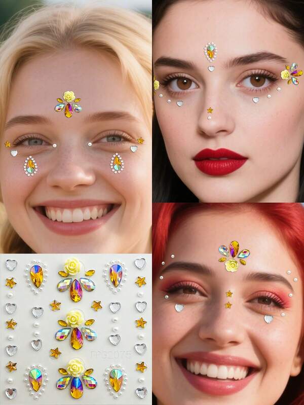 1 feuille d'autocollants de strass 3D brillants pour le visage, pierres acryliques bleues avec des autocollants dorés pour le maquillage du corps, costumes de fête, décoration des yeux