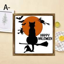 1 PIEZA Decoración de pared de madera de estilo vintage de granja para Halloween - Gato brujo con escoba, murciélago y silueta de calabaza - Decoración de madera natural para interiores/exteriores - Ideas de regalo únicas, para el hogar, la oficina o la cafetería, regalo perfecto para fiestas y vecinos, decoraciones de Halloween