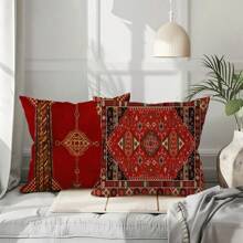 [4pcs Vintage Throw Pillow Cases] 4pcs Soft Retro Pillow Covers, 18"X18", Bohemian Style Single-Sided Print, Red And Gold Pattern, Zippered Polyester Cushion Cover, Suitable For Sofa, Living Room, Outdoor, Car Decor (Pillow Insert Not Included)