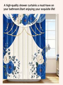 1/4pcs - Blue Floral Shower Curtain Set, Vintage Flower Curtain Faux Pearl Modern Art Decorative 12 Hooks Waterproof Shower Curtain, Non-Slip Bathroom Floor Mat, Toilet U-Shaped Mat, Cover Mat, Home Decor Gift Back To School