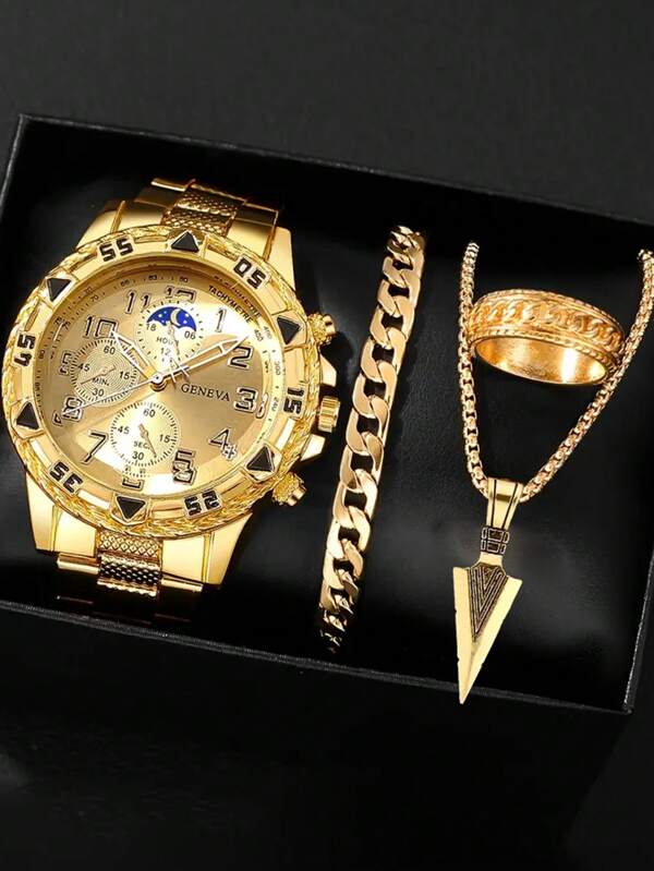 4pcs Men's Business Watch Set, Stainless Steel Quartz Watch With Round Dial And Indicators, Includes Pendant Necklace, Bracelet And Ring, Ideal Gift For Men