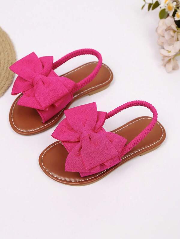 1 Pair Rose Red Plus Size Toddler Girls Flat Sandals, Solid Color Mesh Big Bow Decor Elastic Strap Round Toe Non-Slip Lightweight Sole Fashion Cute Roman Sandals, Suitable For 3-15 Years Old Girls Daily, Party, Travel, Spring/Summer 2025