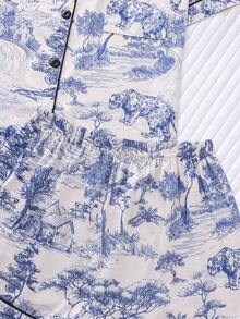 2pcs Women Cheetah Scenery Printed Pajama Set, Short Sleeve Shirt With Collar & Button, Loose Elastic Waist Shorts, Sleepwear For Party, Fashionable & Comfortable For Leisure, Home, Two Pieces Set - Dusty Blue - View 4