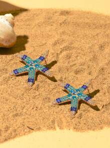 1pc Fashion Personalized Summer Beach Ocean Style Starfish Rhinestone Ombre Blue Metal Earrings, Metallic Texture, Suitable For Daily Wear, Festivals, Parties, And Beach Vacations
