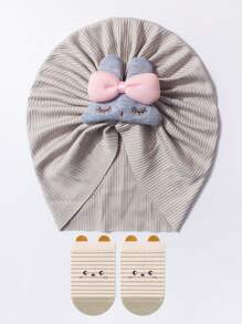 Set de 2 piezas de Gorro y Calcetines para Bebé Nuevo, Diseño Lindo de Conejo, Gorro Suave de Algodón de Primera Calidad con Calcetines Antideslizantes