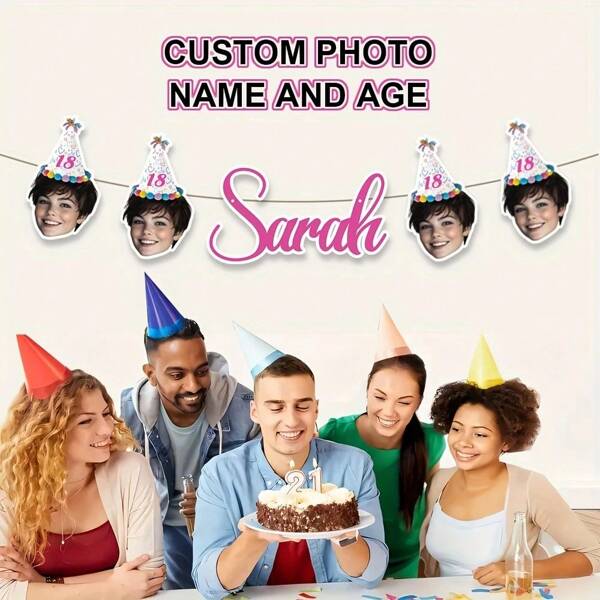 1 pezzo Decorazione con bandiera personalizzata per festa, personalizzata con età del compleanno, foto del viso e testo, bandiera di carta, decorazione multiuso per stanza e giardino, adatta per battesimo, addio al nubilato, compleanno