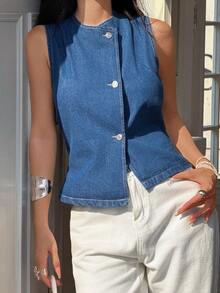 DEEKA Spring Summer New Fashion Casual Simple Women Denim Vest - Blue - View 4
